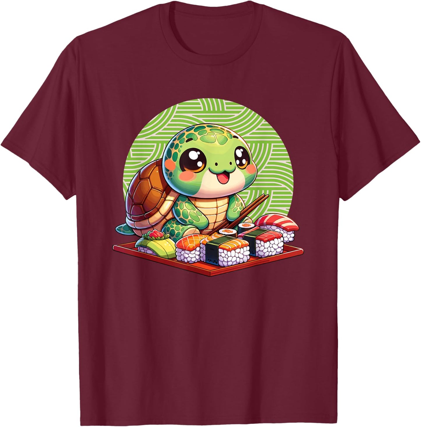 Red Eared Slider Eating Sushi, Kawaii Red Eared Slider T-Shirt - T-Shirt | Maroon