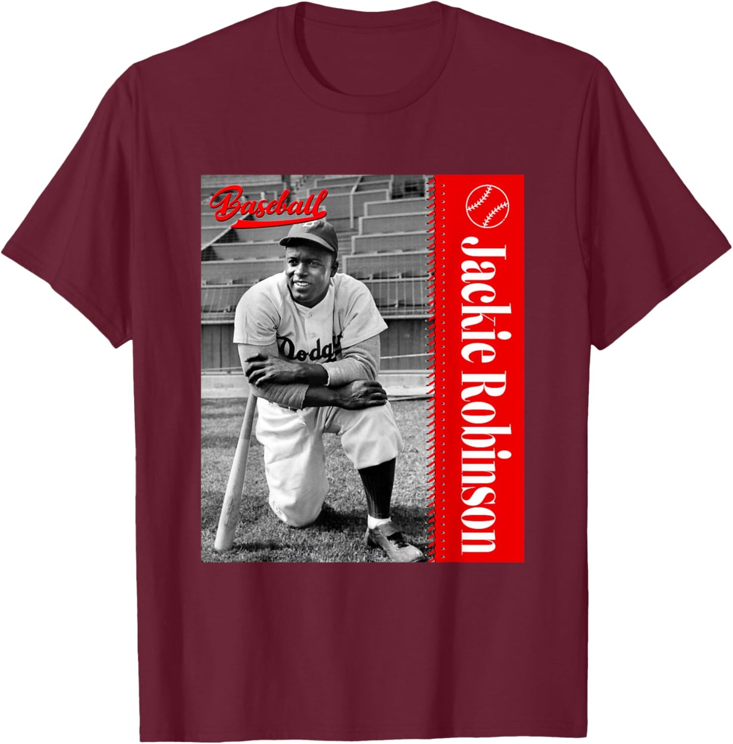 Baseball Freaks Jackie Robinson Baseball Theme - Black, Small, -Adults, Short Sleeve T-Shirt - T-Shirt | Maroon