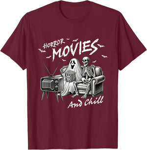 Funny Horror Movies And Chill Halloween T-Shirt - T-Shirt | Maroon