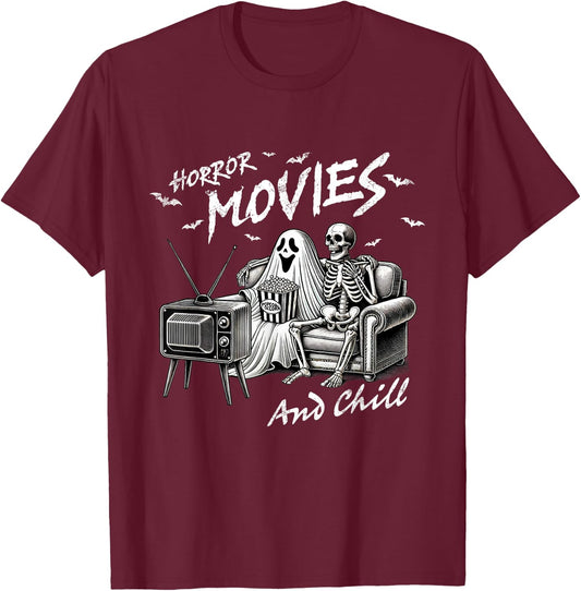 Funny Horror Movies And Chill Halloween T-Shirt - T-Shirt | Maroon