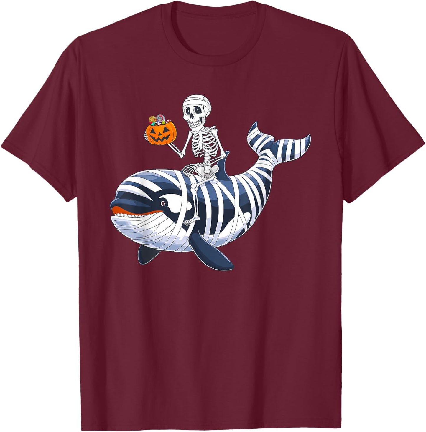 Skeleton Riding Mummy Orca Halloween Candy Whale T-Shirt - T-Shirt | Maroon