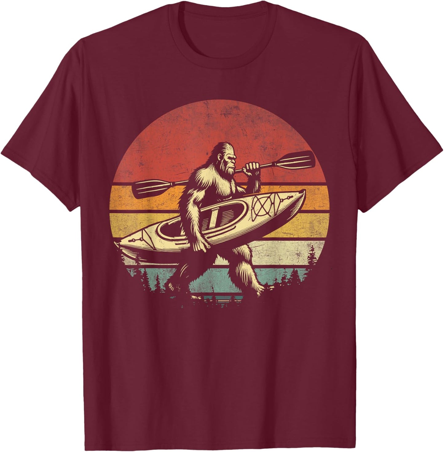 Funny Retro Bigfoot Kayaking Cool Vintage Sasquatch Kayaking , Small, Black T-Shirt - T-Shirt | Maroon