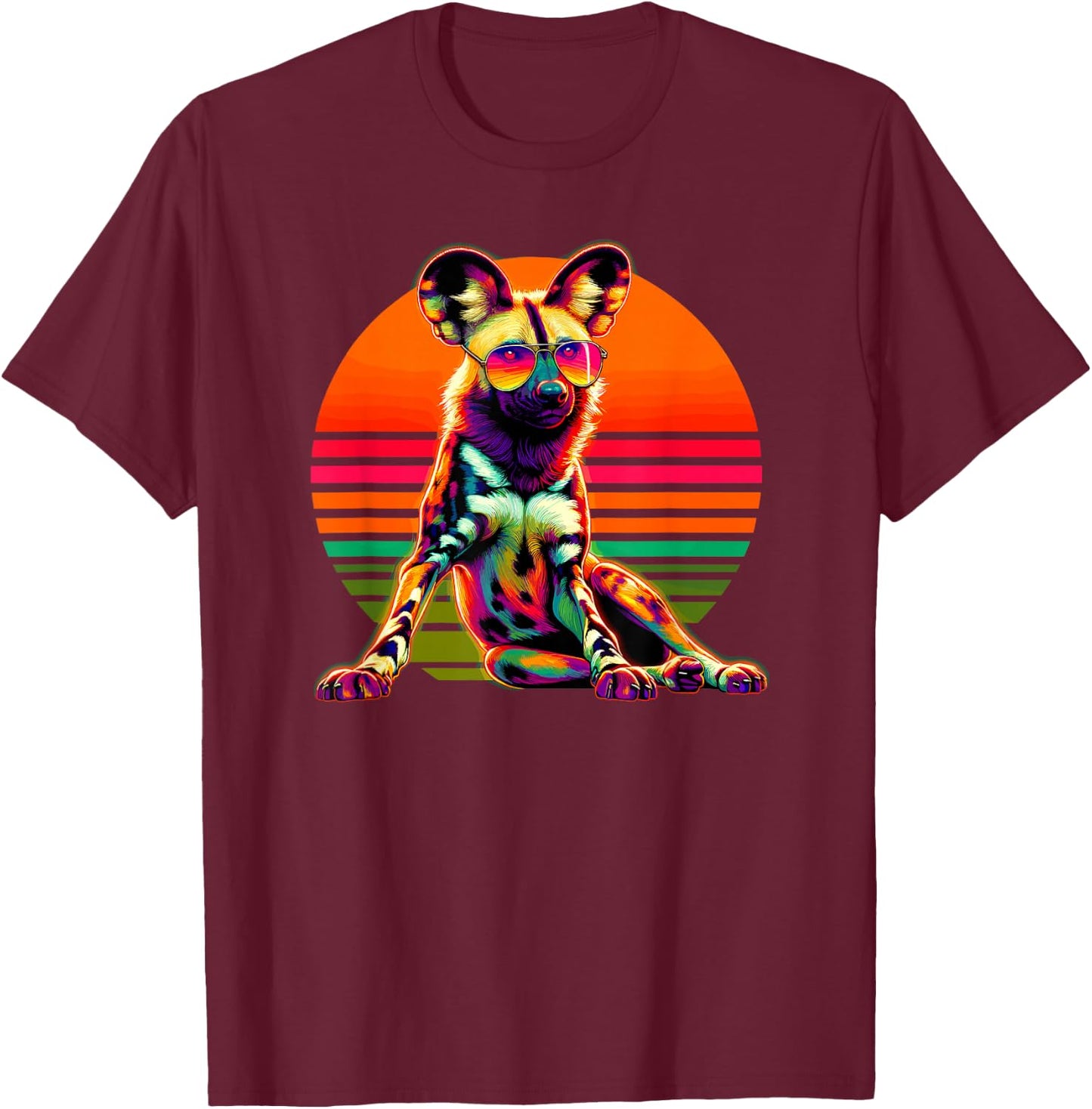Retro Sunset Sunglasses African Wild Dog Painted Dog T-Shirt - T-Shirt | Maroon