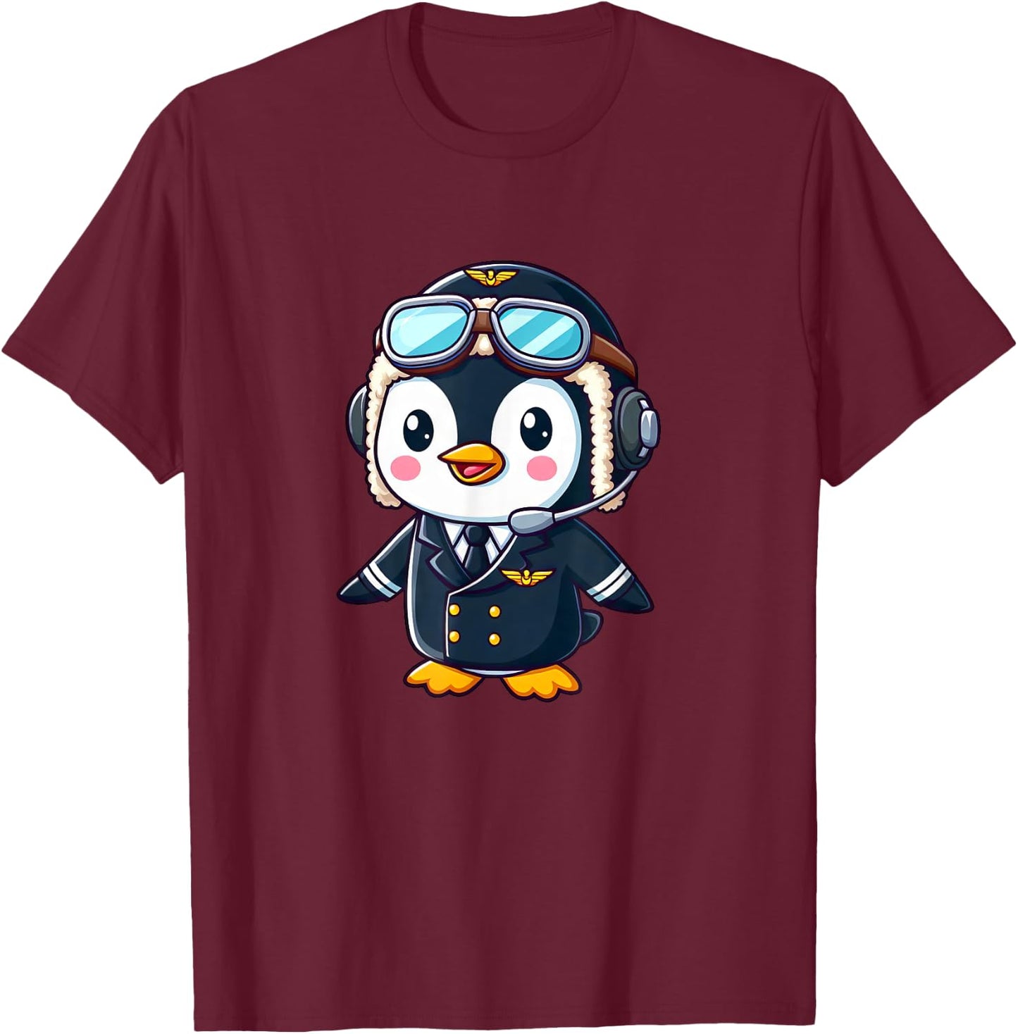 Penguin Cartoon Pilot Flying Airplane T-Shirt - T-Shirt | Maroon