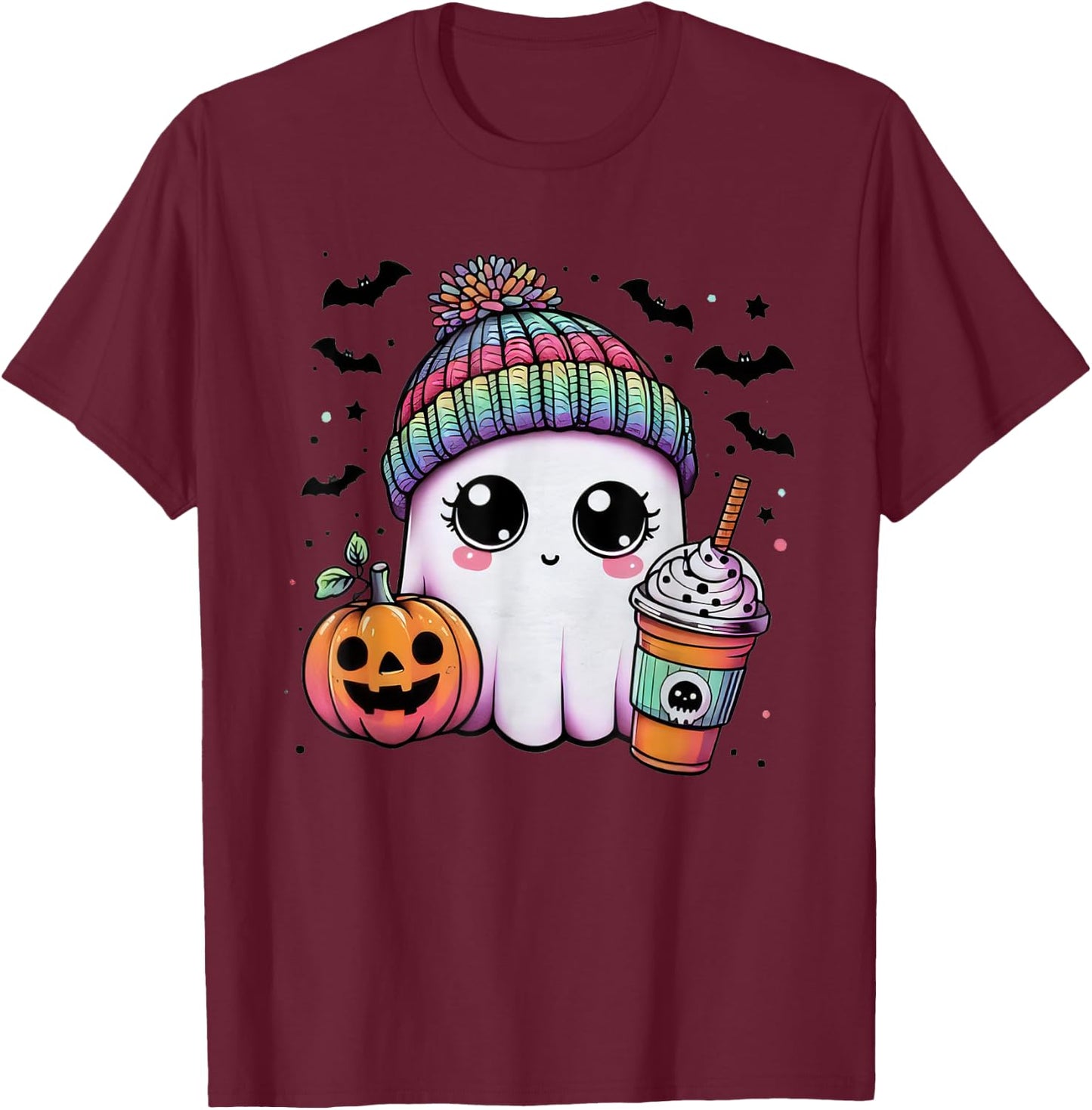 Cute Ghost Drinking Coffee Halloween Ghost Ice Coffee T-Shirt - T-Shirt | Maroon