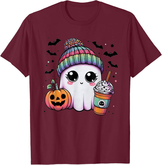 Cute Ghost Drinking Coffee Halloween Ghost Ice Coffee T-Shirt - T-Shirt | Maroon