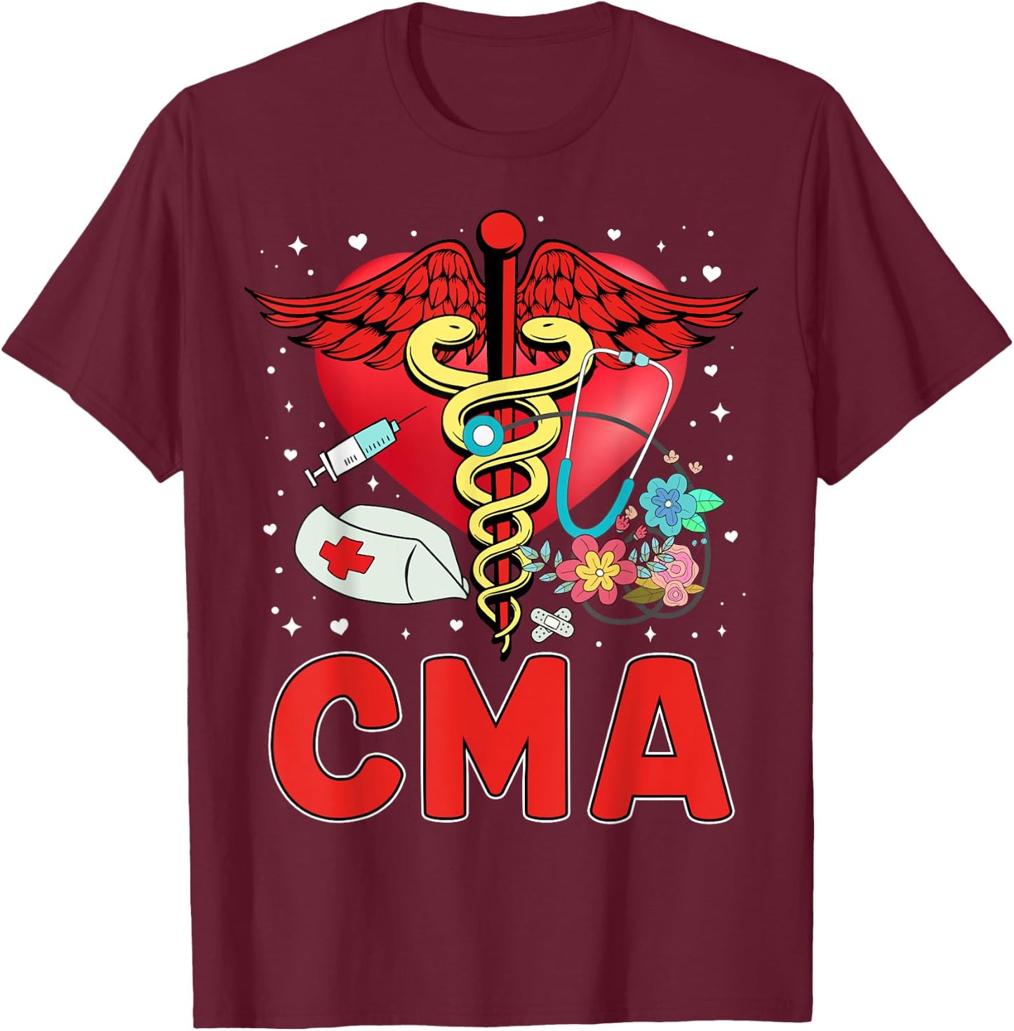 Cute CMA Shirt Caduceus Stethoscope Heartbeat T-Shirt - T-Shirt | Maroon
