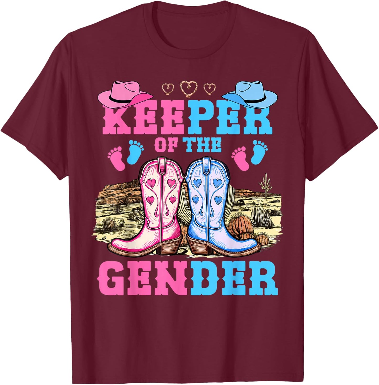 Cute Keeper of The Gender Reveal Baby Boots Western Theme T-Shirt - T-Shirt | Maroon