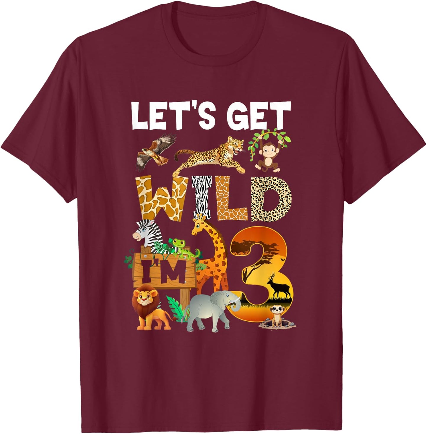 3 Year Old Zoo Birthday Safari Jungle Animal 3Rd Bday T-Shirt - T-Shirt | Maroon