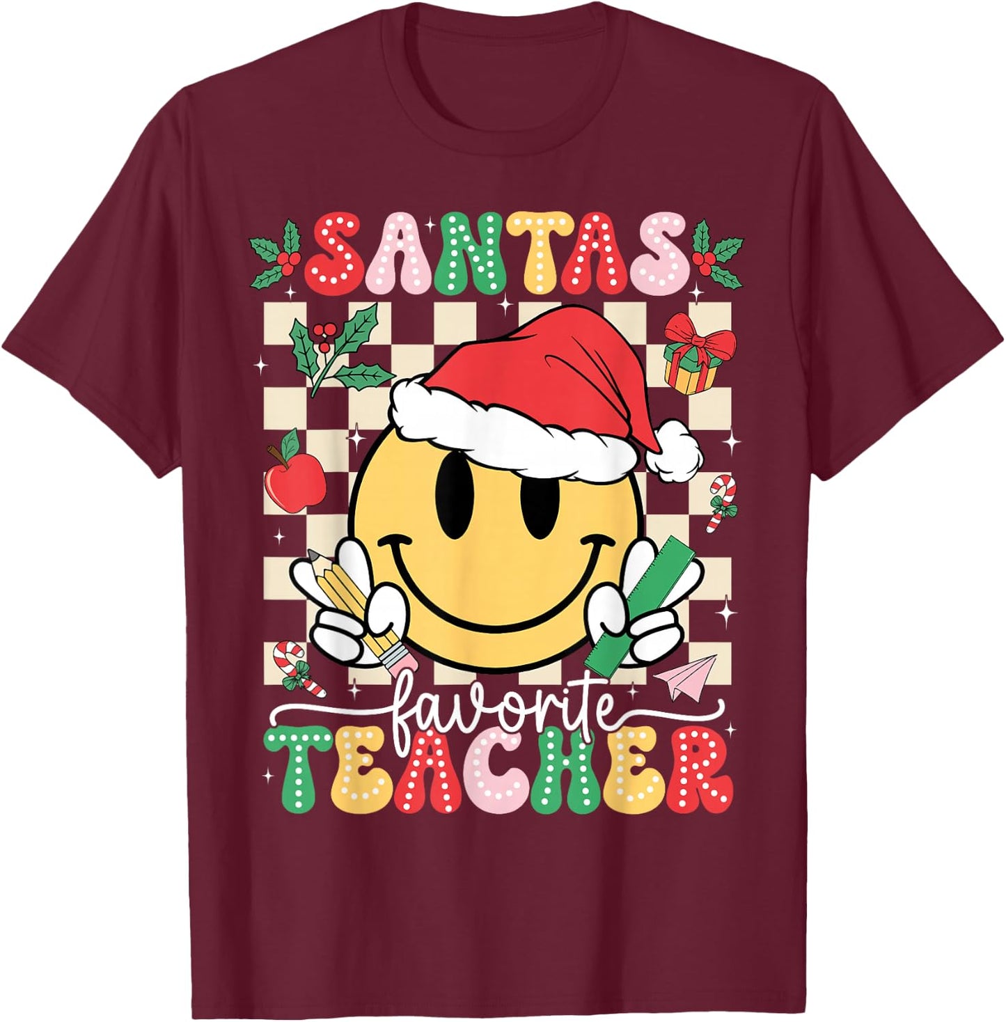 Santas Favorite Teacher Retro Groovy Smile Face Christmas T-Shirt - T-Shirt | Maroon