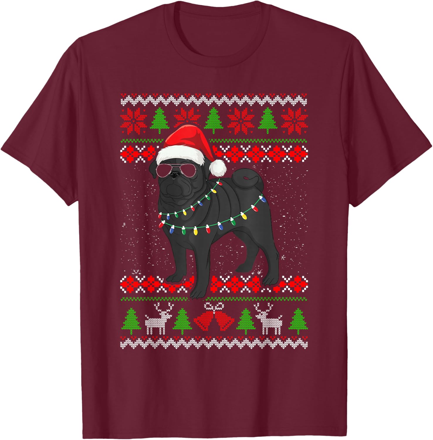 Black Pug Christmas Tree Dog Mom Dad Ugly Sweater Christmas T-Shirt - T-Shirt | Maroon