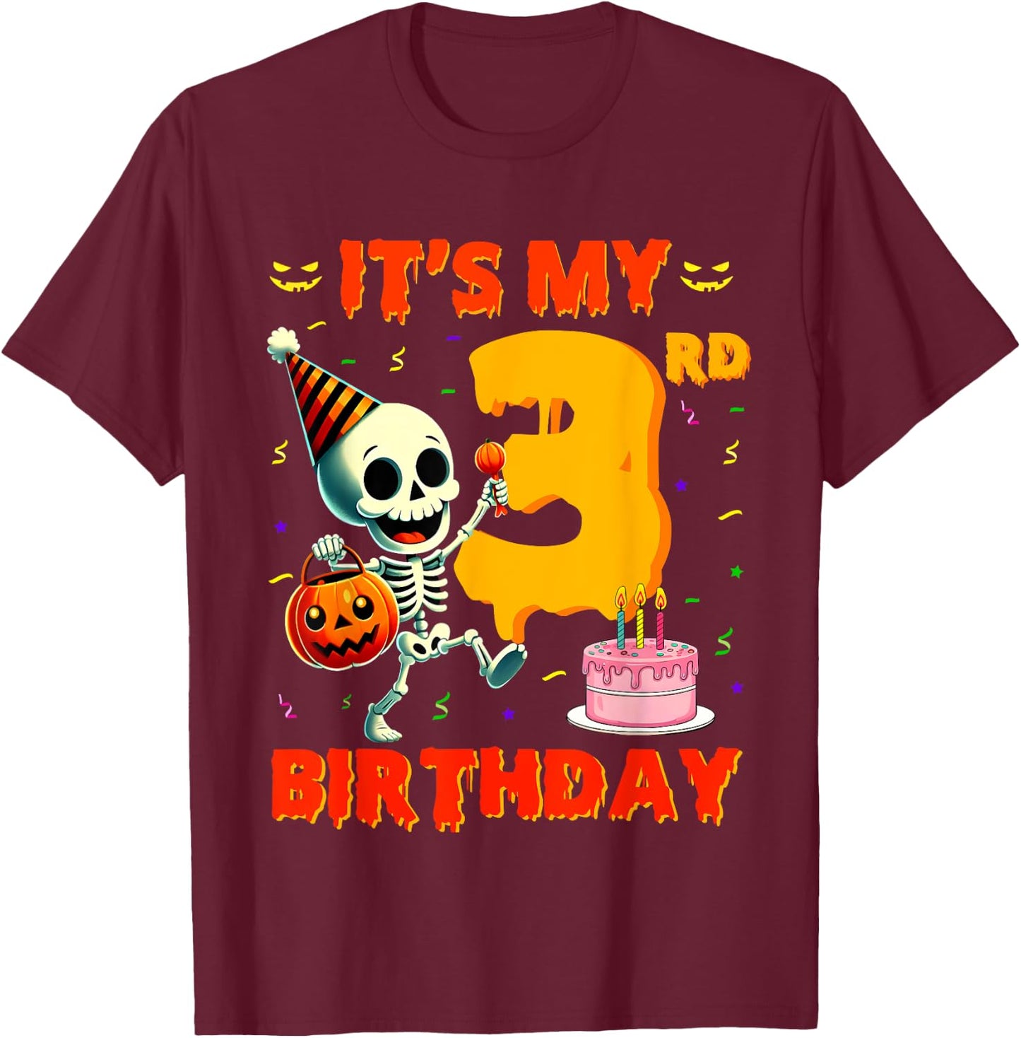Kids Boo It's My 3rd Birthday Halloween Skeleton 3 Years Old T-Shirt - T-Shirt | Maroon