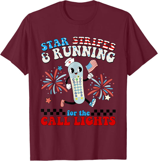 4th July Er Nurse Stars Stripes and Running for Call Lights T-Shirt - T-Shirt | Maroon