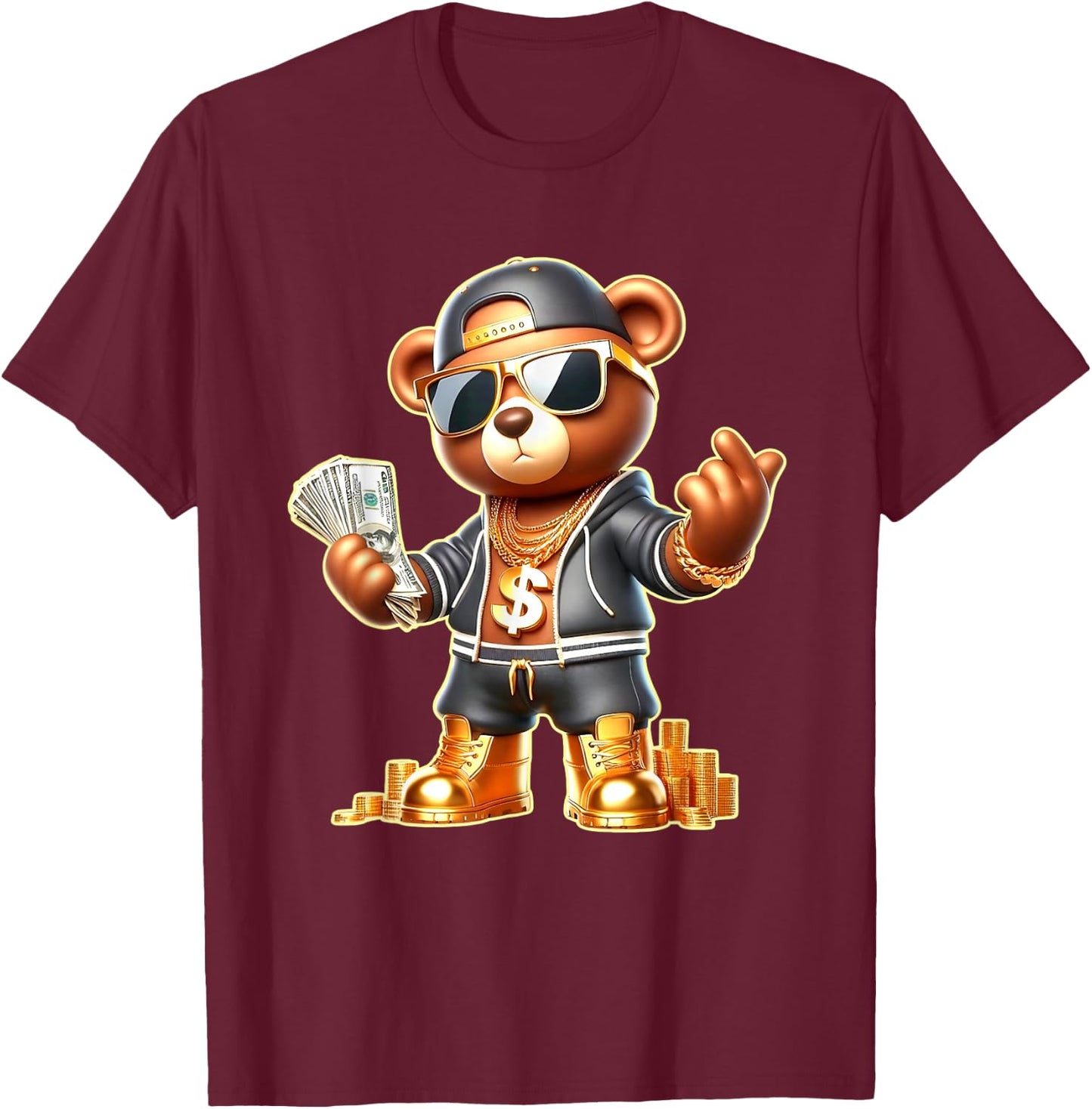 Golden Teddy Bear Money Stacks Golden Chain Gangsta T-Shirt - T-Shirt | Maroon