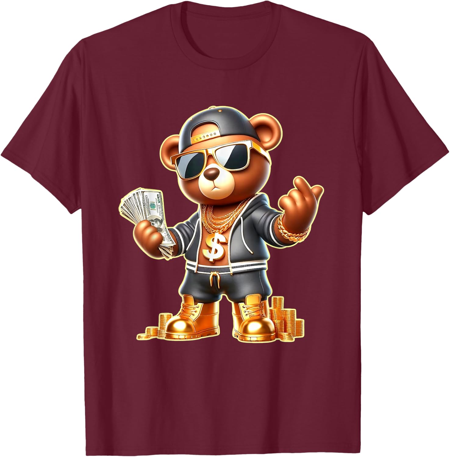 Golden Teddy Bear Money Stacks Golden Chain Gangsta T-Shirt - T-Shirt | Maroon