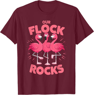 Our Flock Rocks Flamingo Shirt - Fun Group Matching T-Shirt - T-Shirt | Maroon