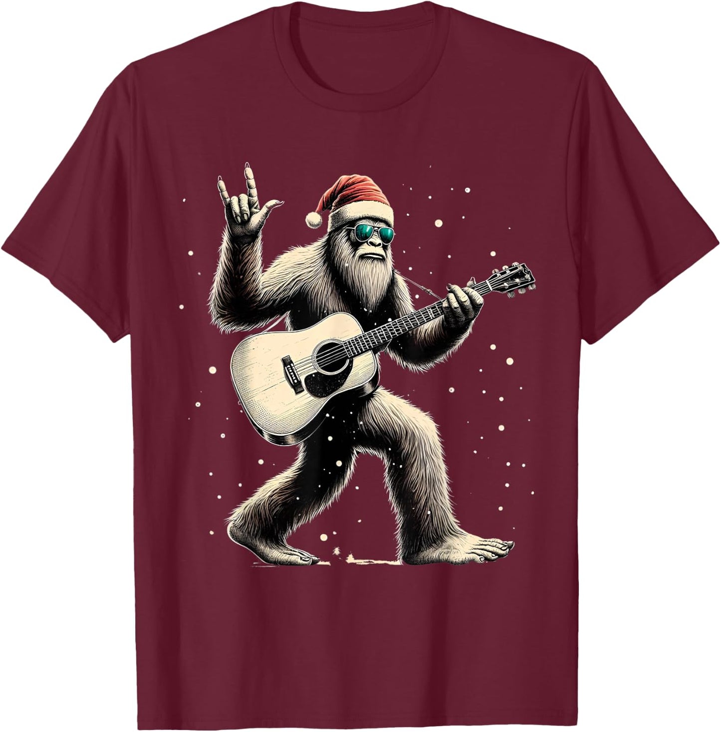 Funny Bigfoot Santa Hat Christmas Bigfoot Playing Guitar T-Shirt - T-Shirt | Maroon