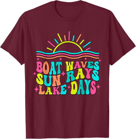 Boat Waves Sun Rays Lake Days Retro Summer vacation T-Shirt - T-Shirt | Maroon