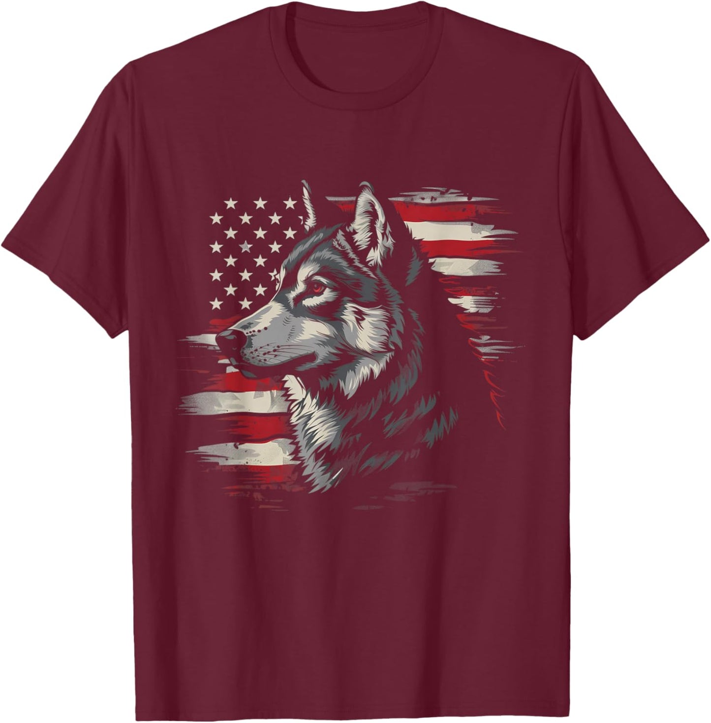 Wolf American Flag USA Patriotic Wolf Lover T-Shirt - T-Shirt | Maroon