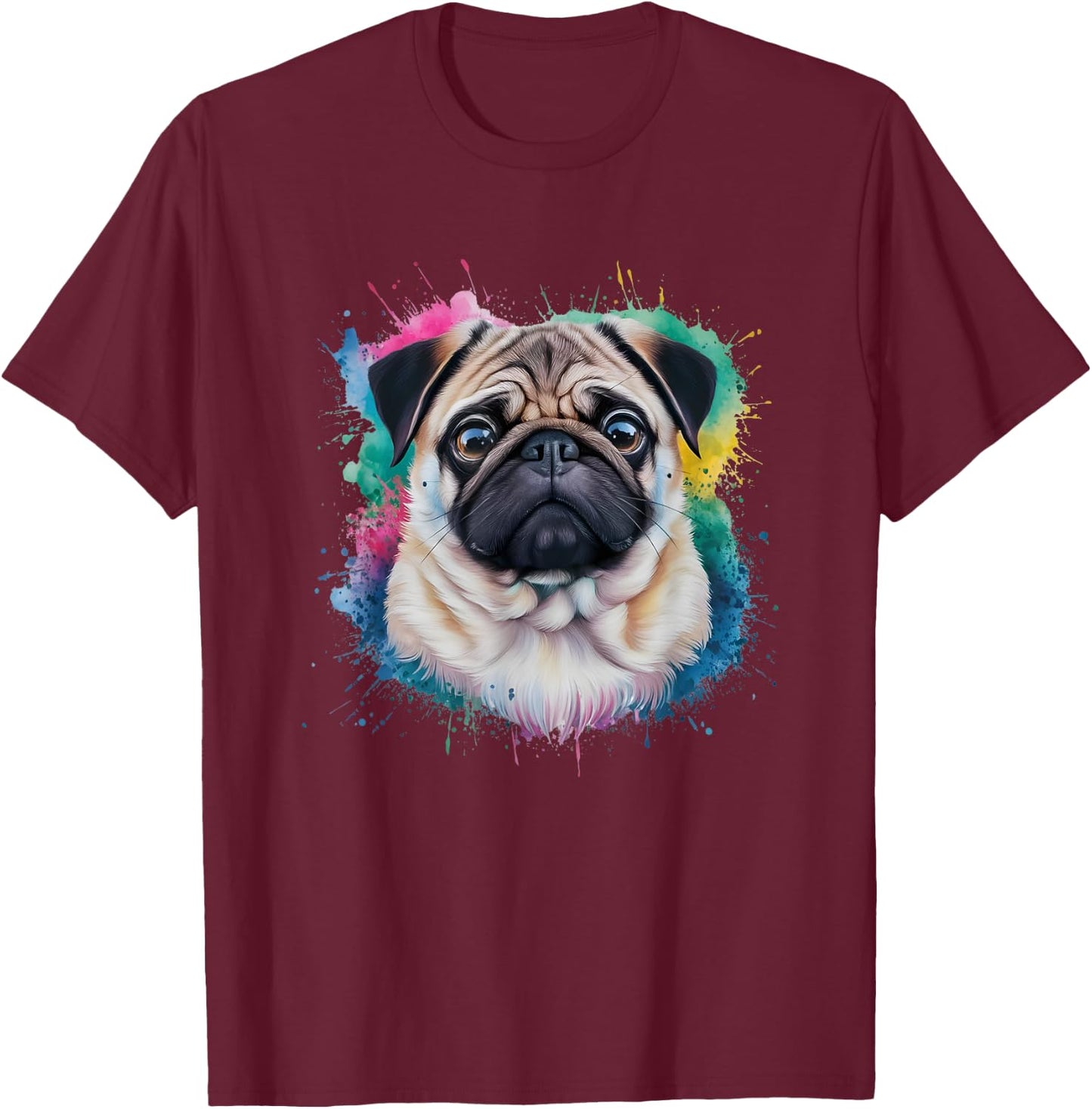 Men Woman Colorful Watercolor Pug T-Shirt - T-Shirt | Maroon