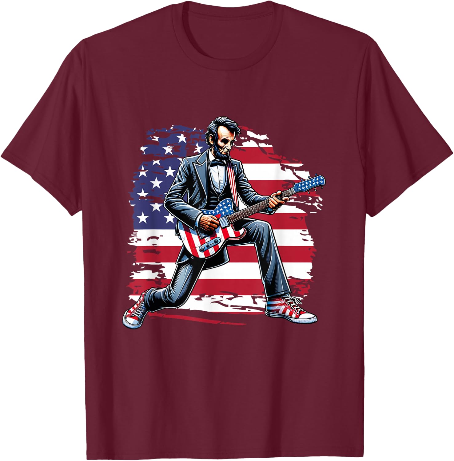 American Flag Patriotic Rock Guitar Abe Lincoln 4th Of July T-Shirt - T-Shirt | Maroon