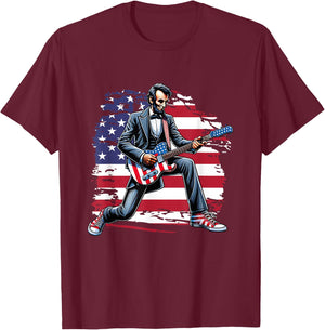 American Flag Patriotic Rock Guitar Abe Lincoln 4th Of July T-Shirt - T-Shirt | Maroon