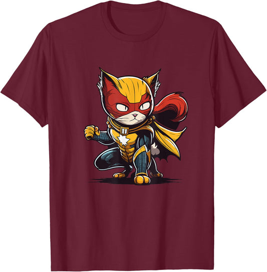 Colourful Superhero Cat - Heroic Paw Fun T-Shirt - T-Shirt | Maroon