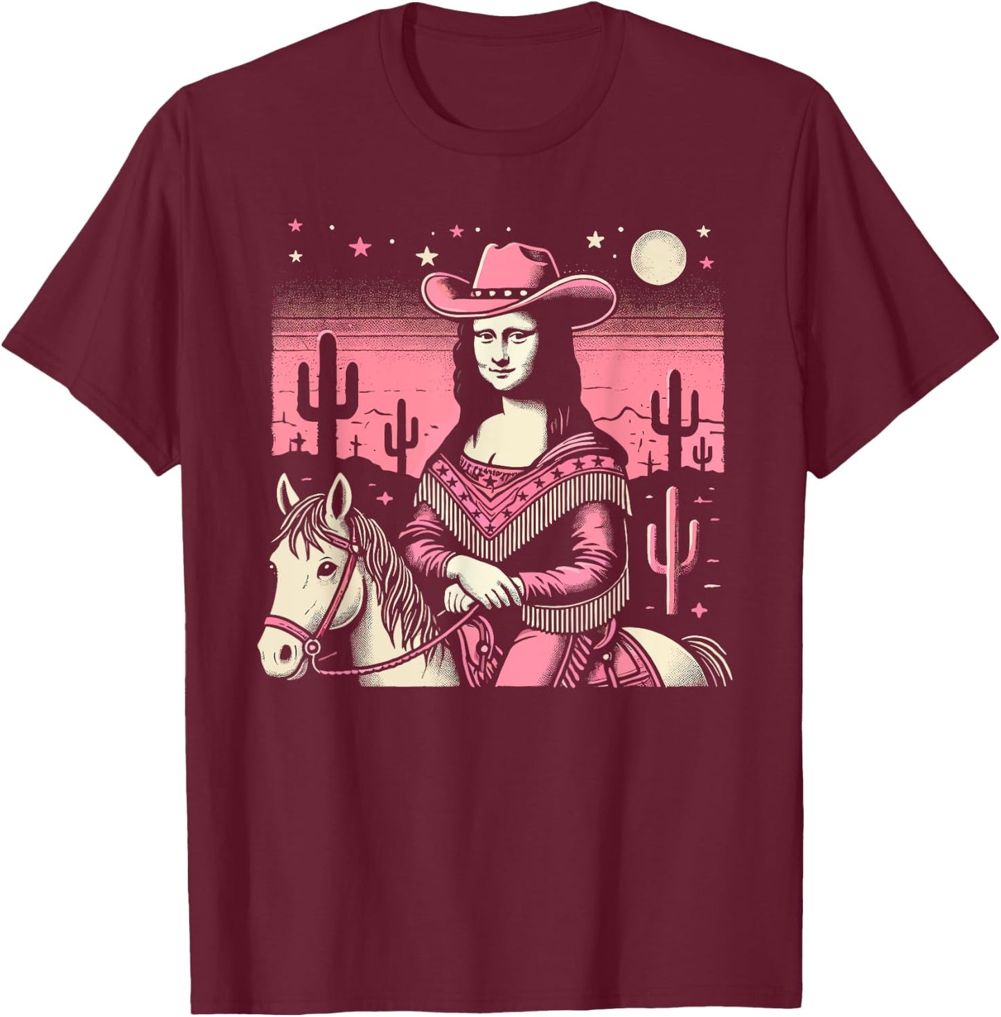 Pink Cowboy Cowgirl Mona Lisa Country Western Pink Cowgirl T-Shirt - T-Shirt | Maroon