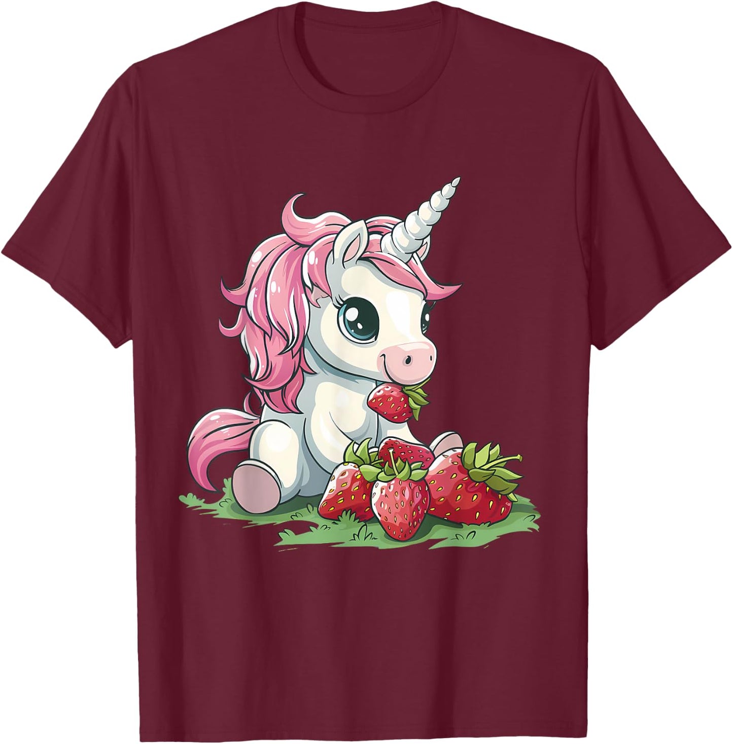 Strawberry Unicorn Cute Strawberries Drawing Motif T-Shirt - T-Shirt | Maroon