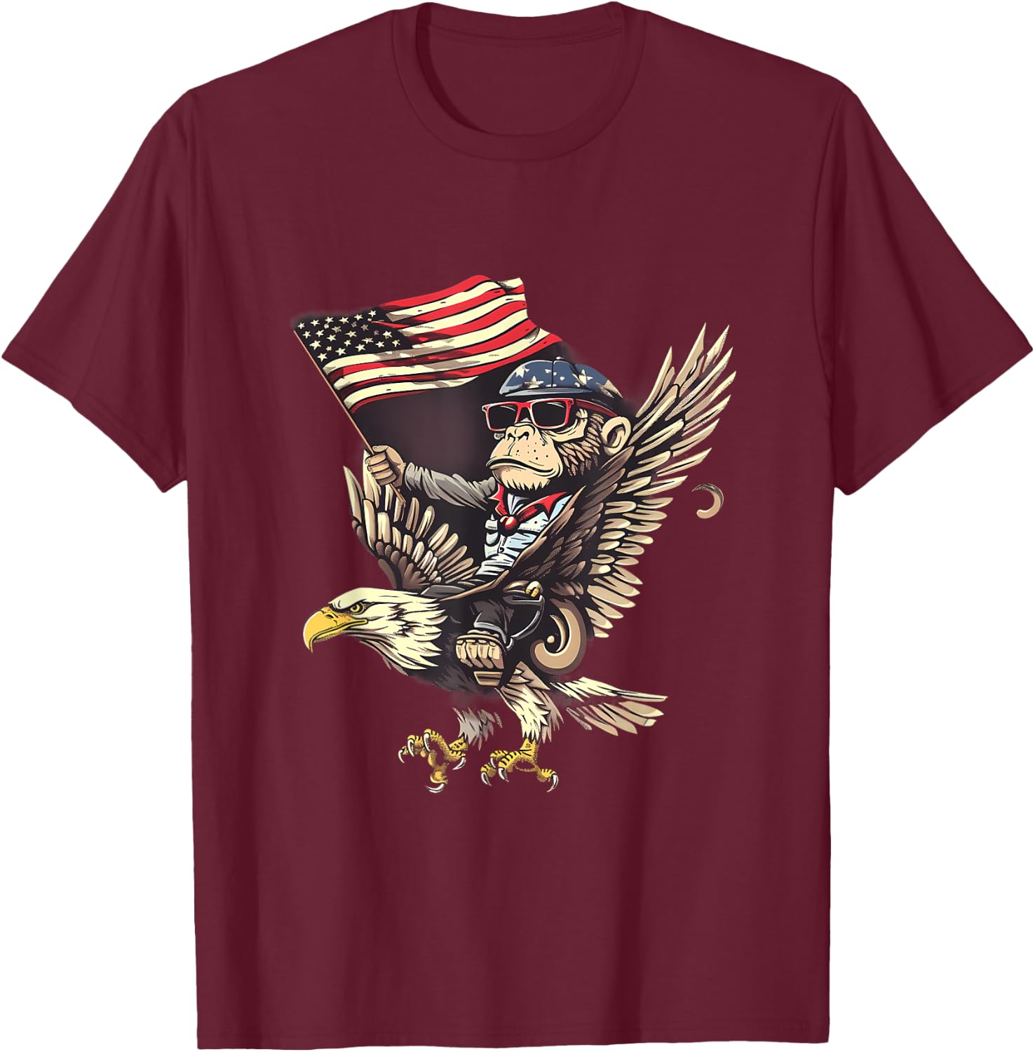 4th Of July Monkey Bald Eagle USA Fourth Of July America T-Shirt - T-Shirt | Maroon