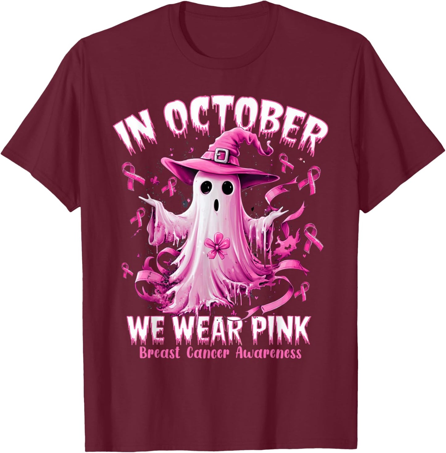 In October We Wear Pink Ghost Witch Breast Cancer Awareness T-Shirt - T-Shirt | Maroon
