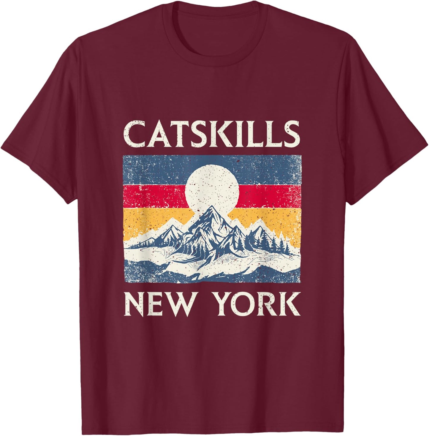 Vintage 70s 80s Sunset Mountain Catskills New York Hiking T-Shirt - T-Shirt | Maroon