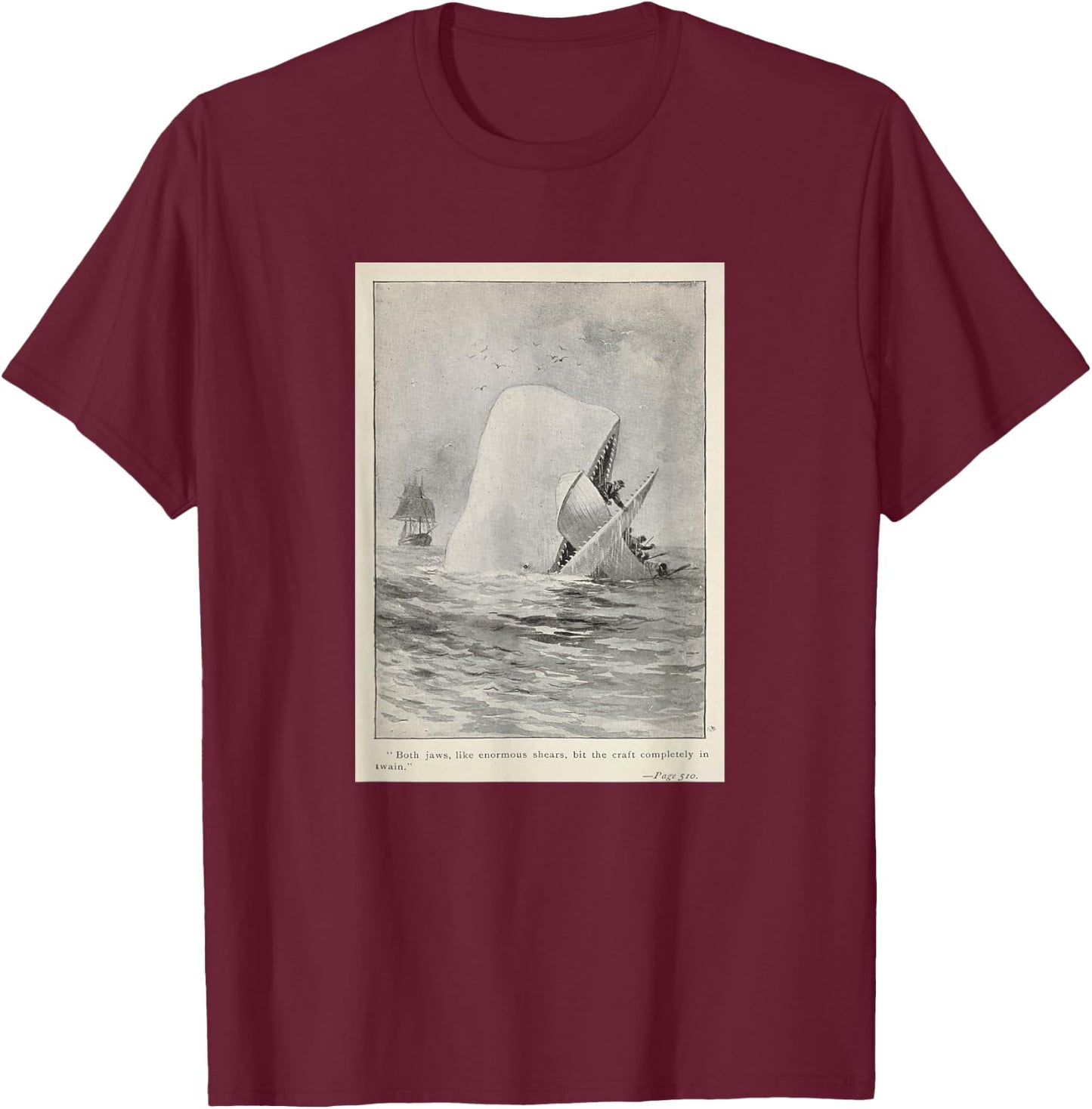 Moby Dick Whale Attacking a Whaling Ship (1892) T-Shirt - T-Shirt | Maroon