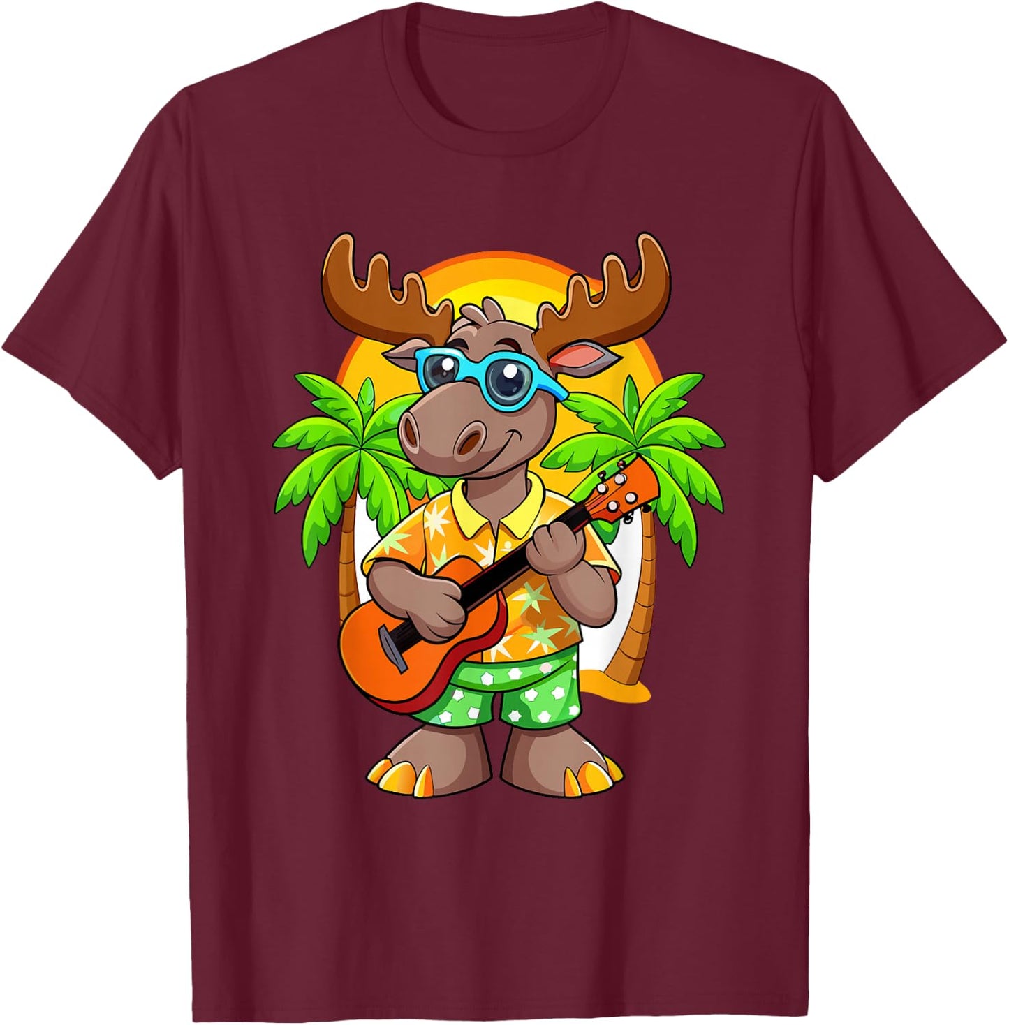 Funny Moose Summer Beach Sunglasses Hawaiian with Ukelele T-Shirt - T-Shirt | Maroon