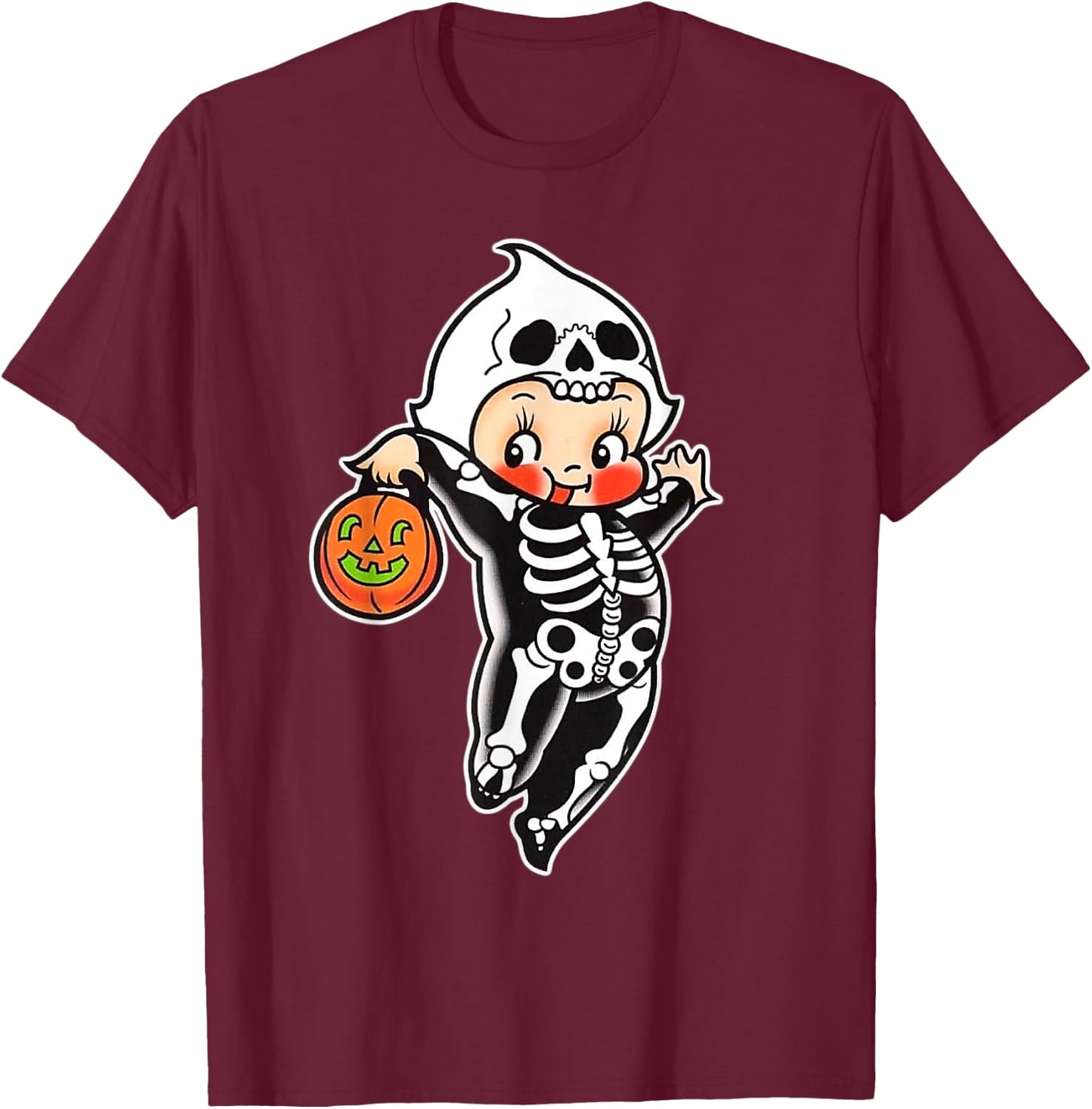 Kewpie Baby Spooky Skeleton Halloween Costume Tattoo Flash T-Shirt - T-Shirt | Maroon