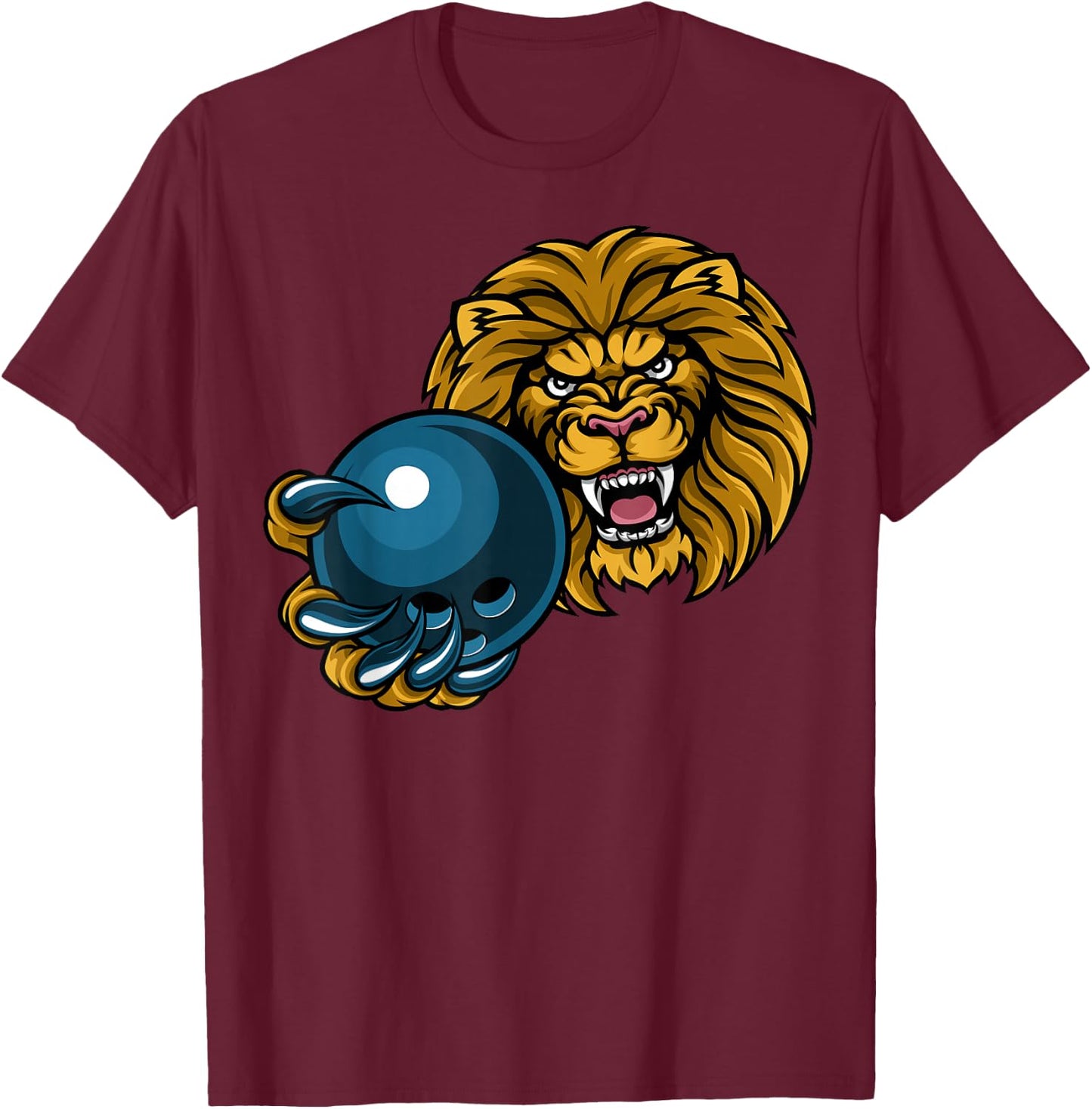 Lion Cartoon Sports Lions Team Mascot Holding Bowling Ball T-Shirt - T-Shirt | Maroon