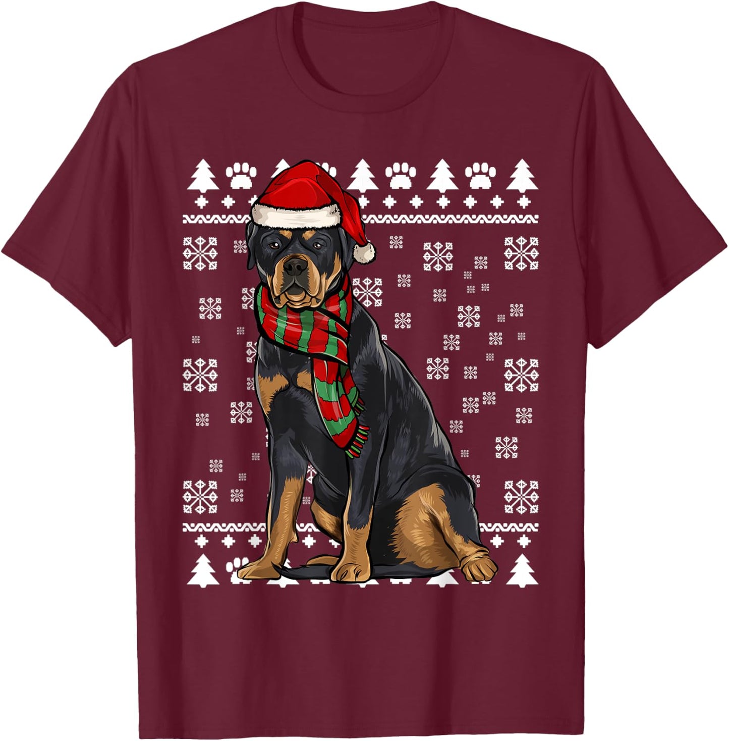 Rottweiler Dog Santa Hat Xmas Ugly Christmas T-Shirt - T-Shirt | Maroon