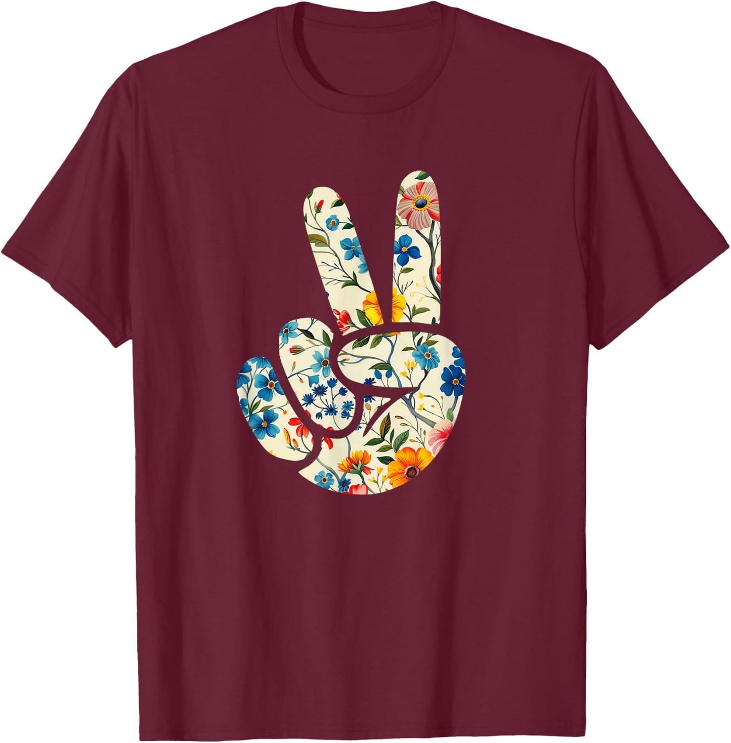 Elegant Silhouette Wildflowers Floral Peace Sign Hand T-Shirt - T-Shirt | Maroon