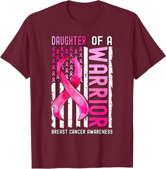 Daughter Of A Warrior Breast Cancer USA Flag Awareness Pink T-Shirt - T-Shirt | Maroon