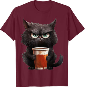 Cute Black Cat drinking coffee cup - Grumpy angry black cat Men Women Kids T-Shirt - T-Shirt | Maroon
