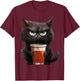 Cute Black Cat drinking coffee cup - Grumpy angry black cat Men Women Kids T-Shirt - T-Shirt | Maroon