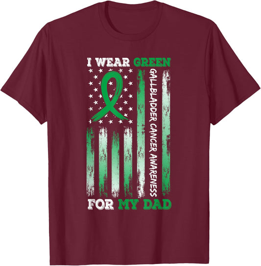 I Wear Green For My Dad USA Flag Ribbon Gallbladder Cancer T-Shirt - T-Shirt | Maroon