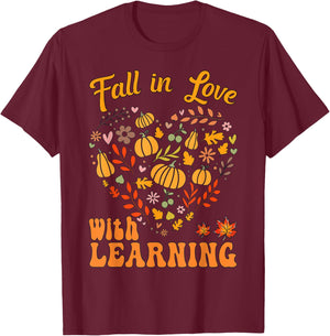 Fall In Love With Learning Autum Thanksgiving Teacher Kids T-Shirt - T-Shirt | Maroon