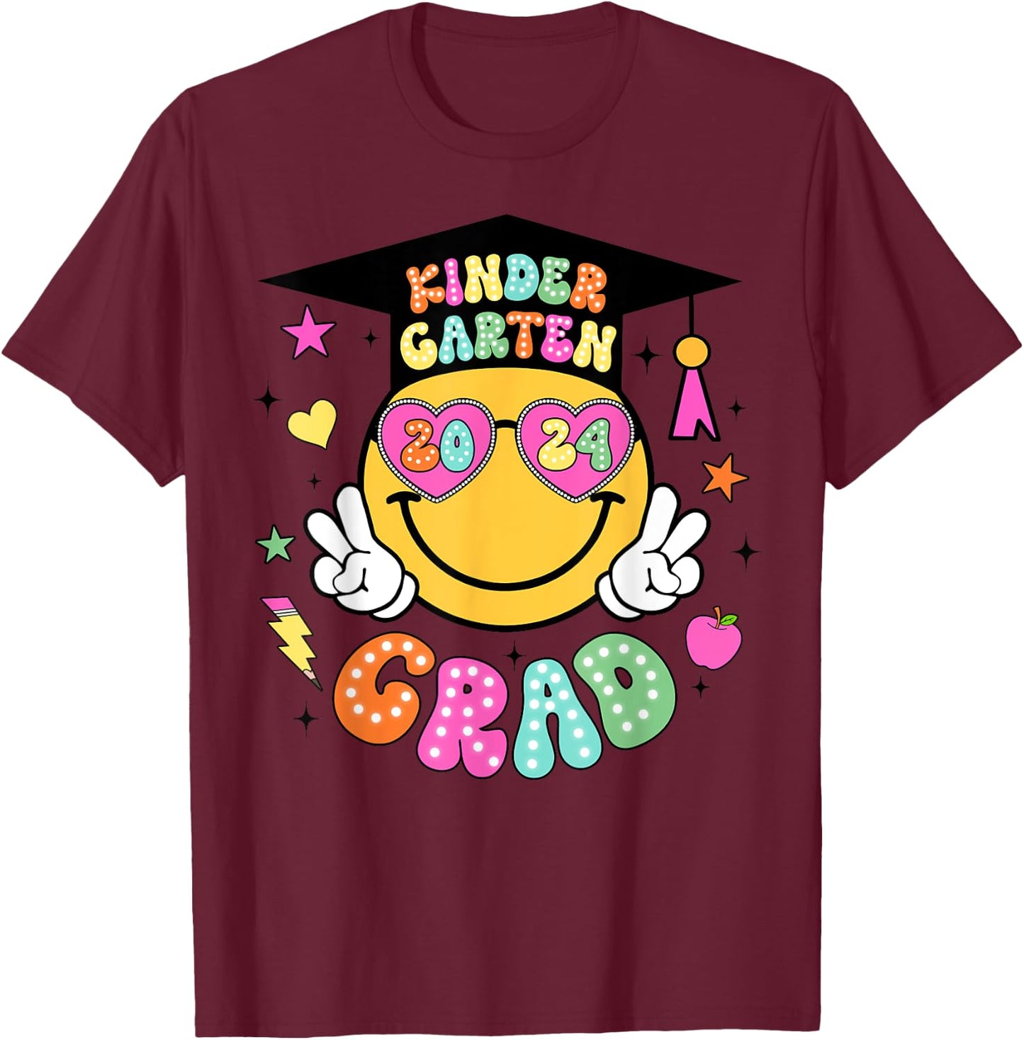 Groovy Kindergarten Graduate Happy Face Graduation 2024 Grad T-Shirt - T-Shirt | Maroon
