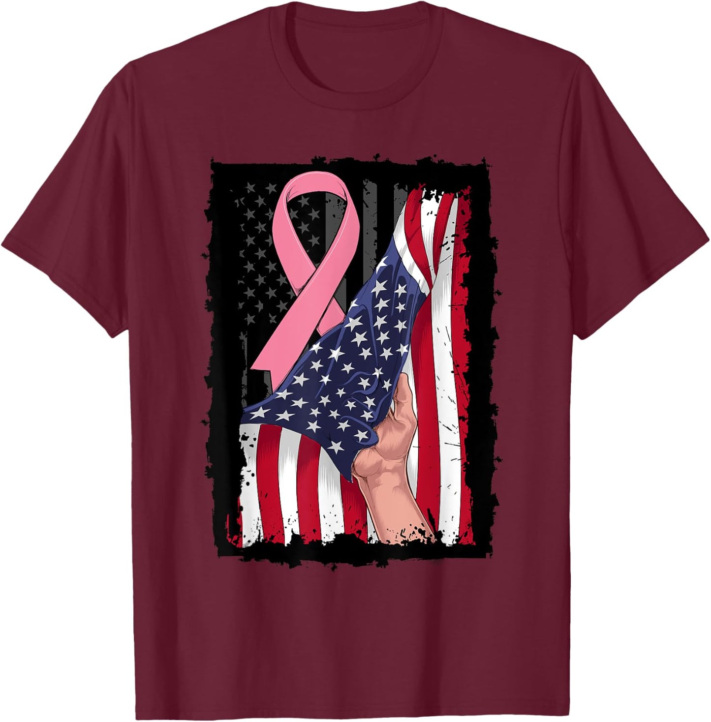 Pink Breast Cancer Awareness American USA Flag 4th of July Women Kids Men T-Shirt - T-Shirt | Maroon