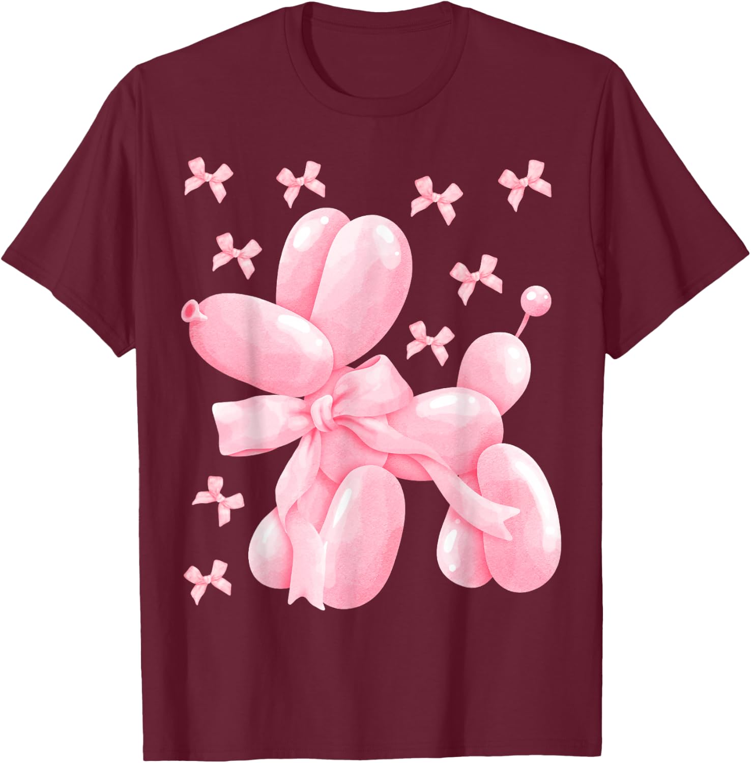 Pastel Pink Bow Balloon Dog Women Kids Girls Birthday Party T-Shirt - T-Shirt | Maroon