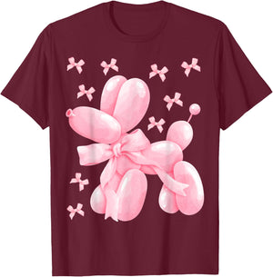 Pastel Pink Bow Balloon Dog Women Kids Girls Birthday Party T-Shirt - T-Shirt | Maroon
