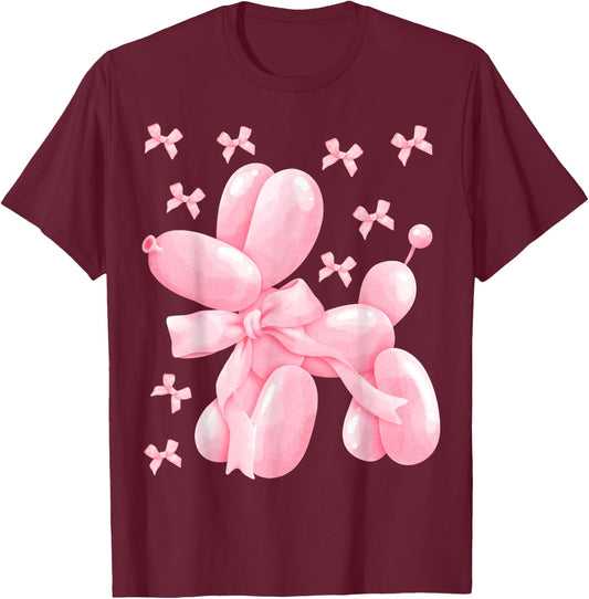 Pastel Pink Bow Balloon Dog Women Kids Girls Birthday Party T-Shirt - T-Shirt | Maroon
