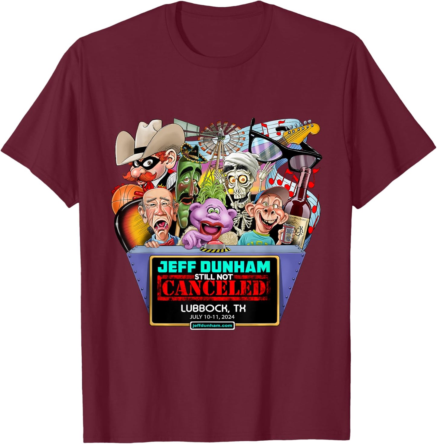 Jeff Dunham Lubbock, TX (2024) T-Shirt - T-Shirt | Maroon