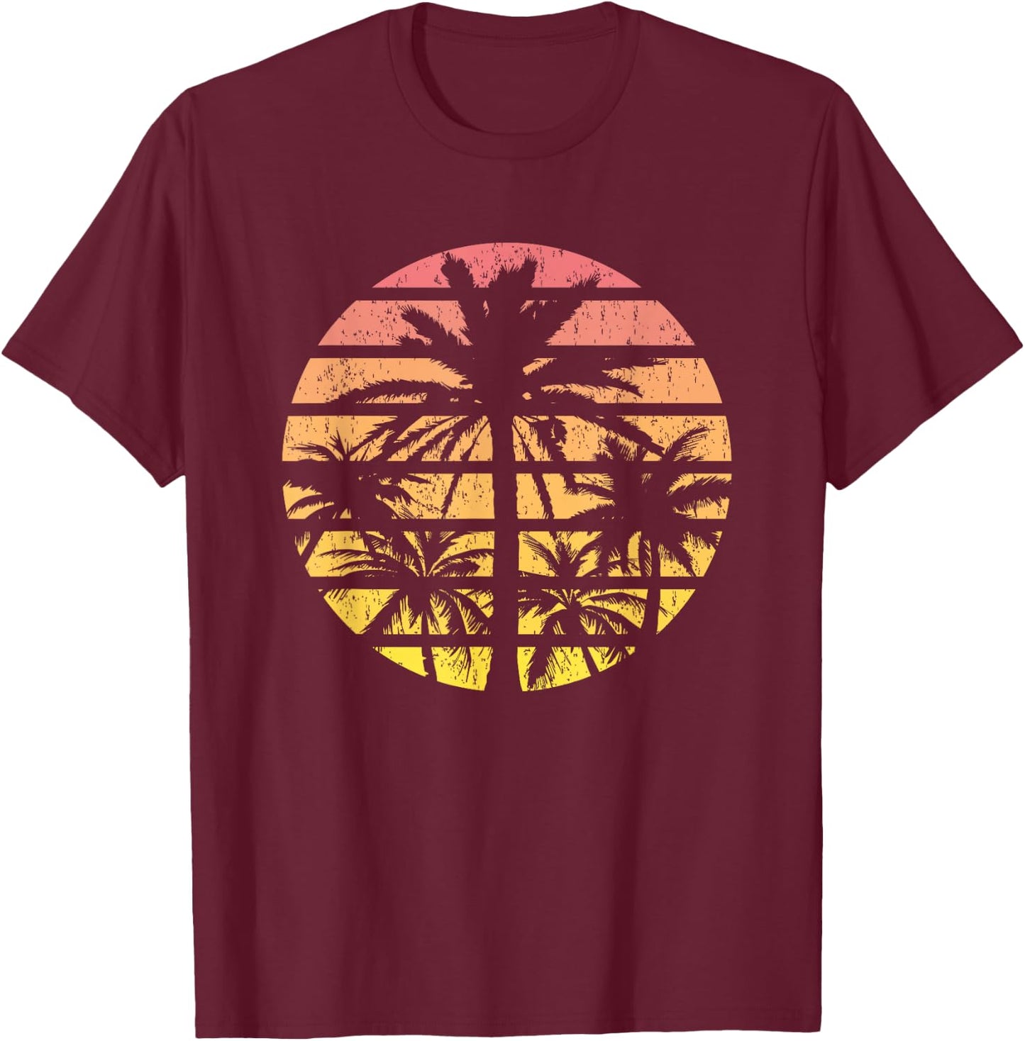 Palm Tree Retro Sunset Summer Beach Vintage Tropical Graphic T-Shirt - T-Shirt | Maroon